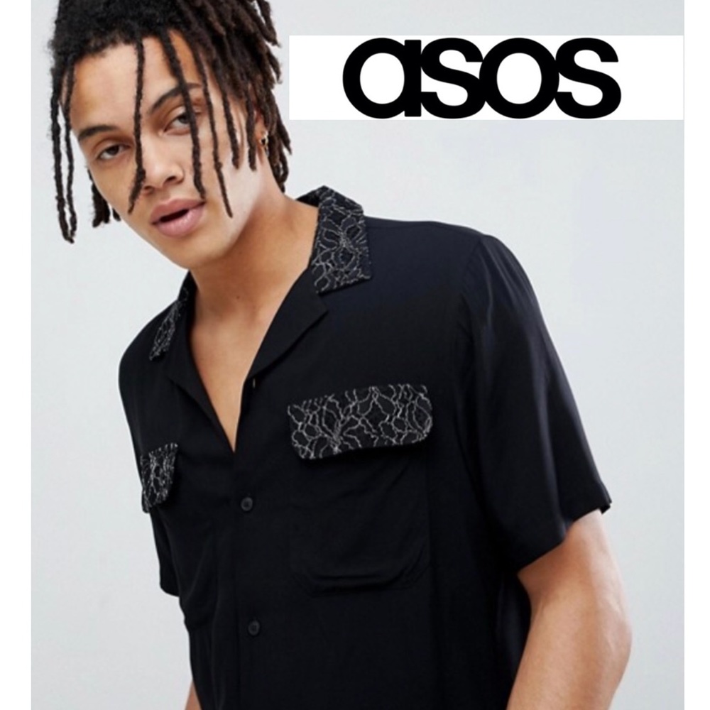 ASOS Black Button Up Short Sleeve Shirt Lace Pocket Men